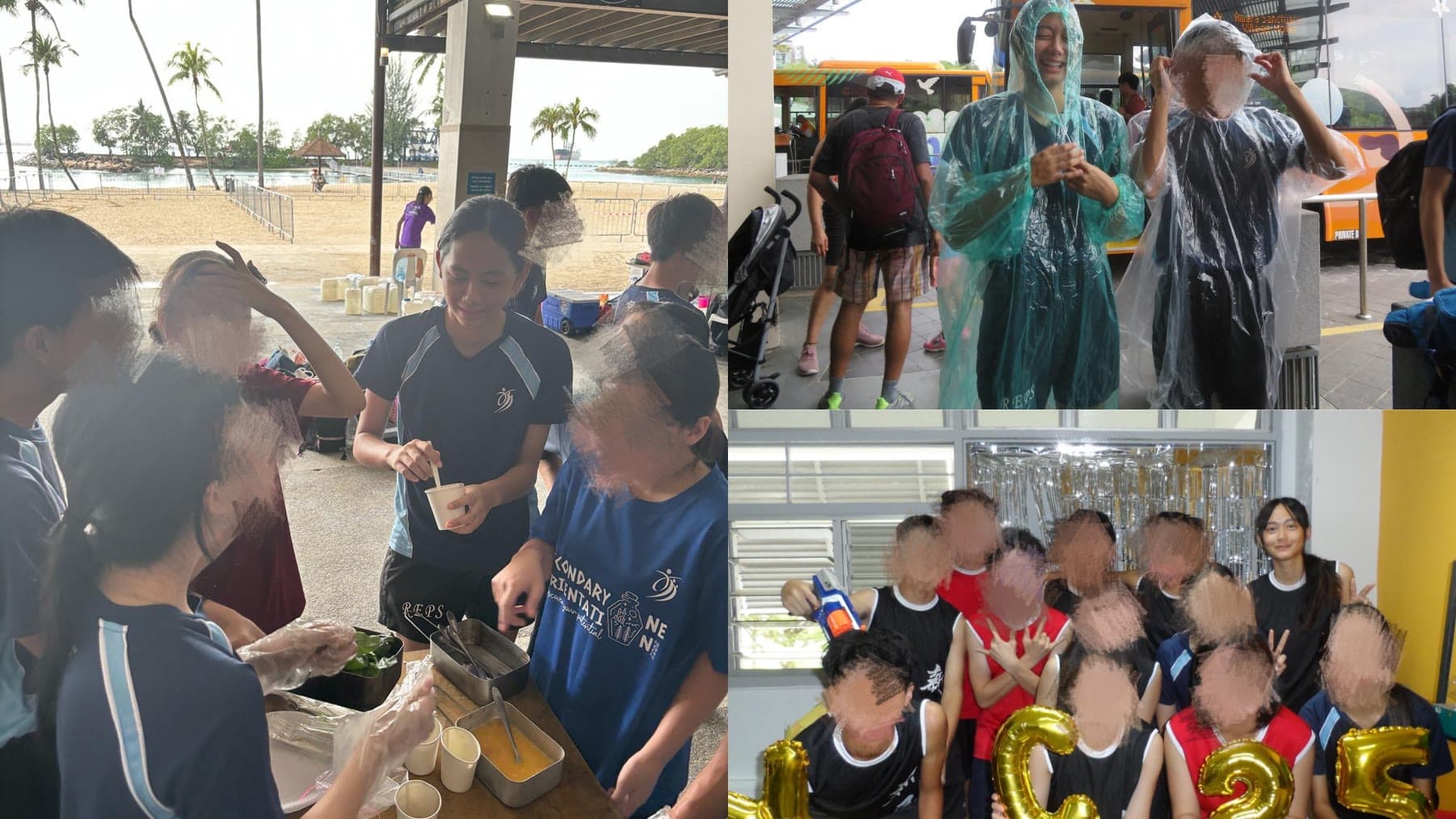 A collage of school life in Singapore: a beach event, students in rain ponchos, and a class group photo