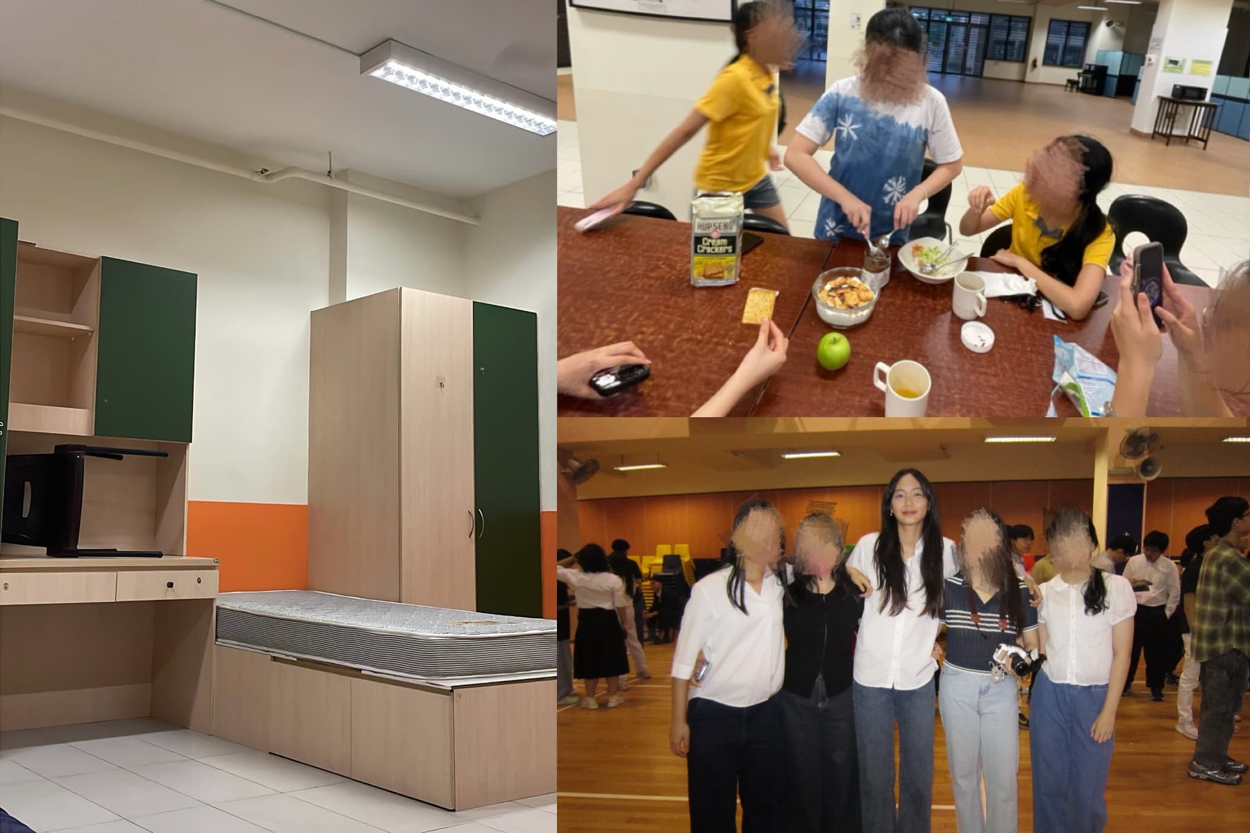 A collage of hostel life: a dorm room, a shared snack table, and friends at a school event