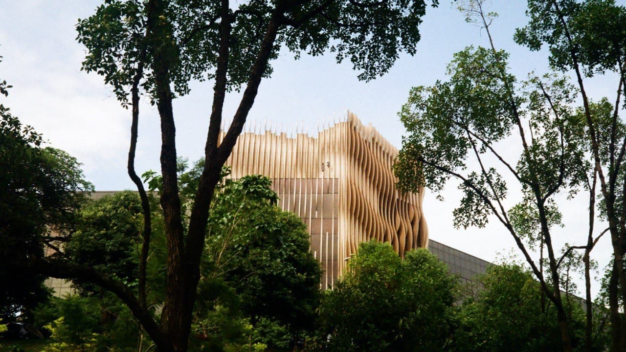 A film photograph of the i3 building at NUS