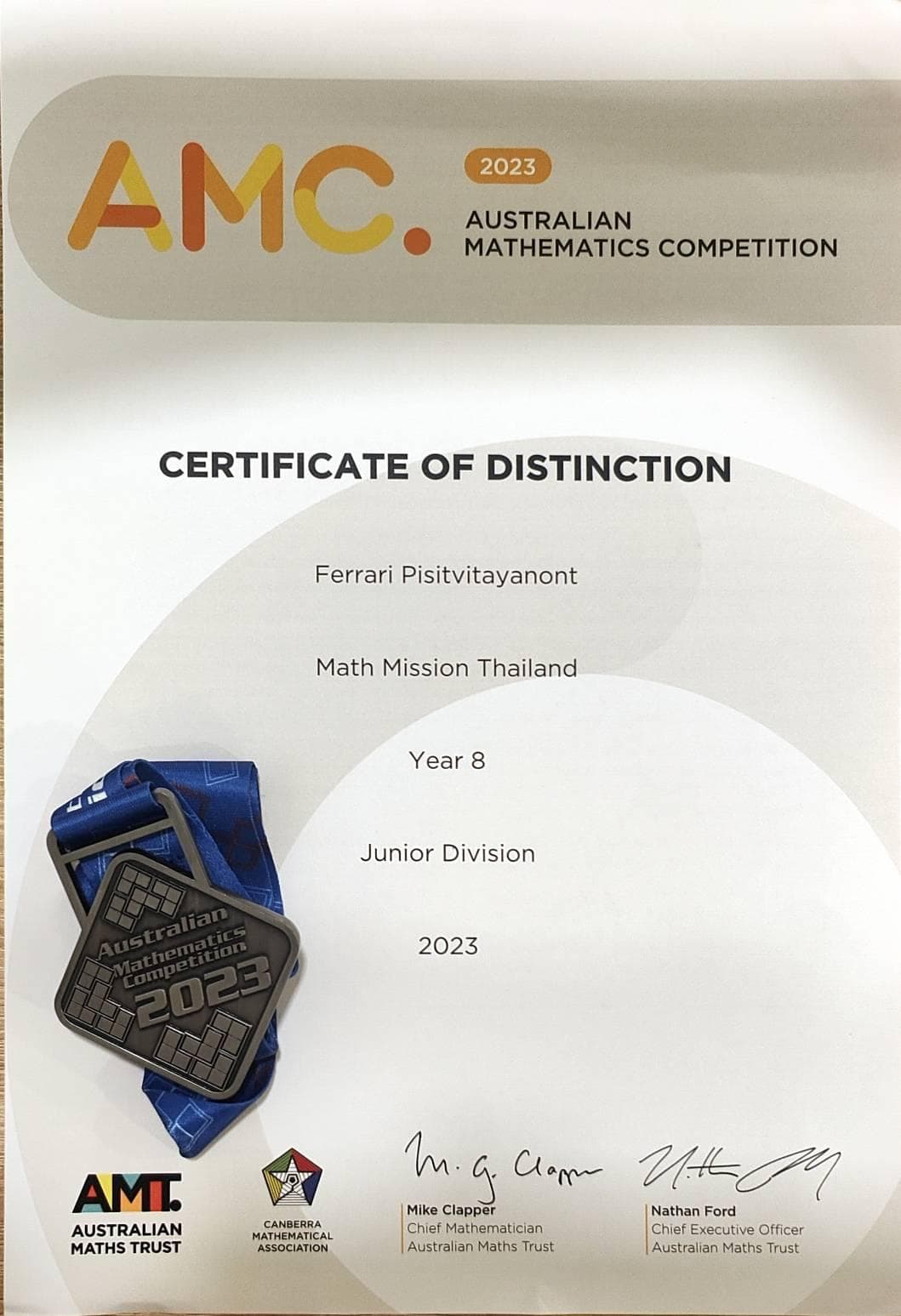 A Certificate of Distinction and medal from the 2023 Australian Mathematics Competition, Junior Division